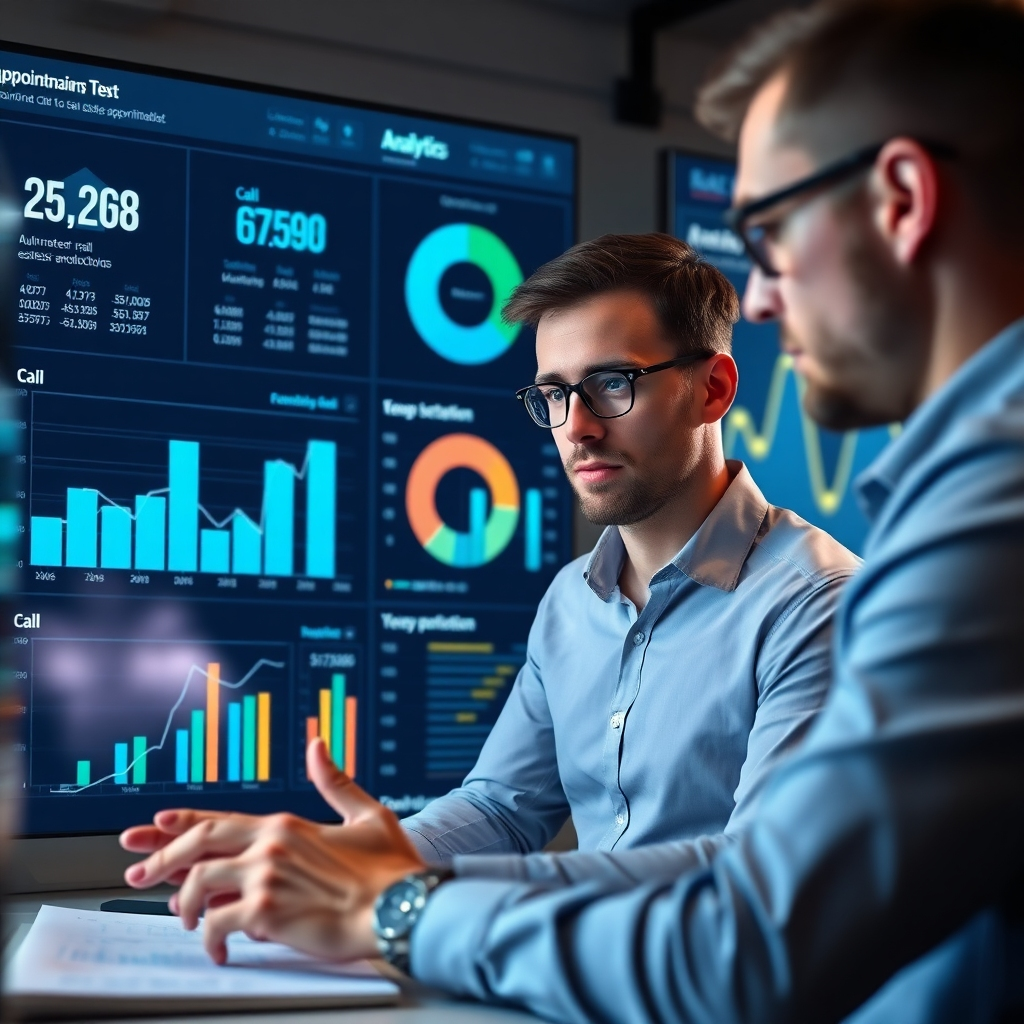 A dynamic, digital analytics dashboard showcasing statistics of automated call and text performance, with graphs and pie charts. In the foreground, a focused marketer analyzes the data, surrounded by charts and projections about successful real estate appointments.