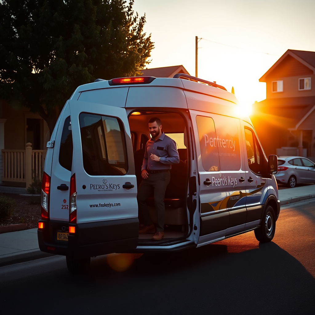 A dynamic image of the Pedro's Keys service van arriving at a client's location during golden hour, with dramatic light effects creating warmth and urgency. The locksmith is seen exiting the vehicle, ready to help with a friendly demeanor. The environment gives a sense of community, with colorful homes and landscaping. This imagery should resonate with the comfort of having reliable service instantly available, captured in crisp details in a photorealistic style.