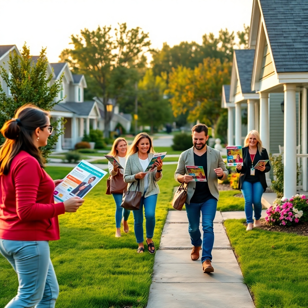 A dynamic scene depicting a marketing team distributing colorful flyers door-to-door in a suburban neighborhood. The setting features well-manicured lawns, cheerful houses, and friendly interactions between team members and residents. The lighting is soft and warm, suggesting an early evening glow, with vibrant colors highlighting the flyers' designs. The camera angle is slightly elevated, providing an overview of the neighborhood with a focus on the bustling activity. Textures of the flyers are detailed, showcasing high-quality graphics and bold fonts. Trees and flowering plants in the background enhance the lively mood. Style akin to modern urban photography. The image should be in 8K resolution, hyperrealistic, and ultra-detailed to emphasize the professionalism of the marketing efforts.