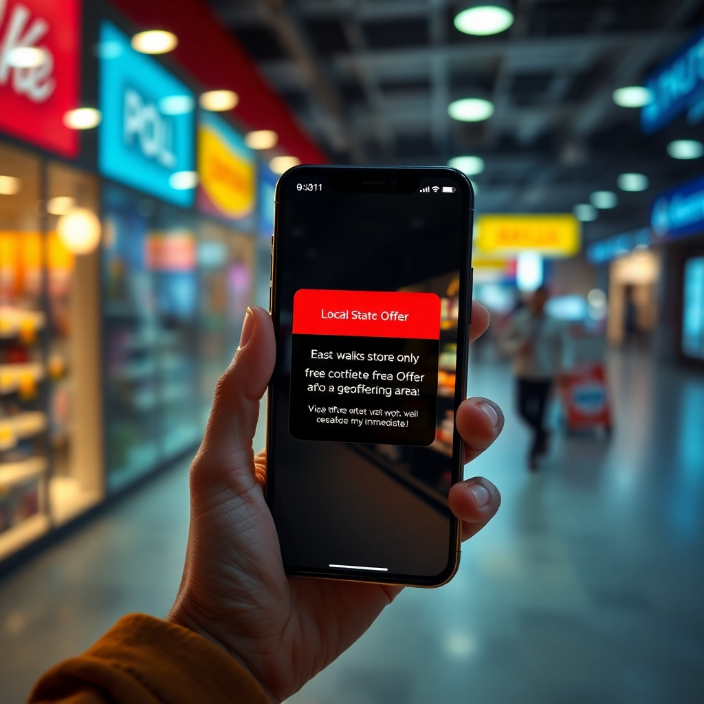 A dynamic scene of a smartphone screen displaying a push notification for a local store offer as a customer walks into the geofenced area, with excitement and vivid colors illustrating the immediate impact.