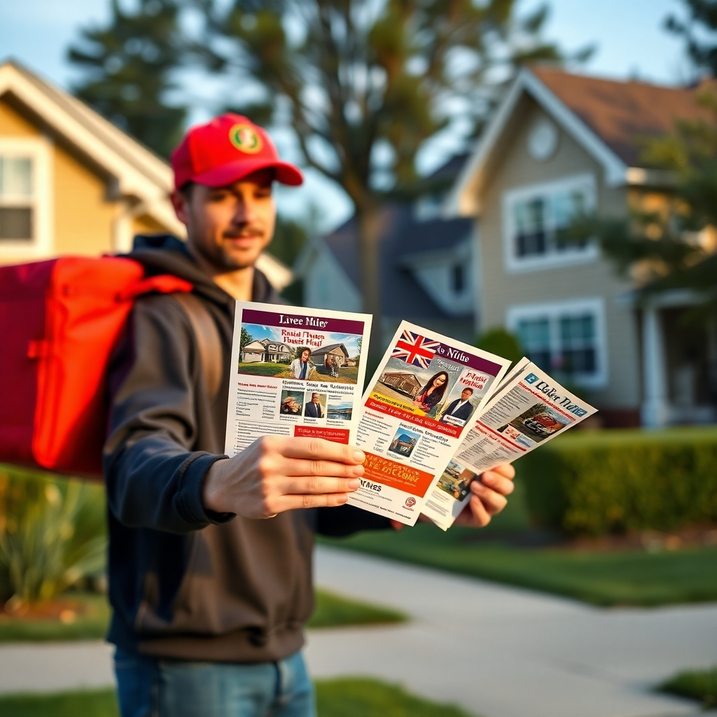 A dynamic scene showing a delivery person distributing real estate flyers in a residential neighborhood. The flyers are colorful and prominently displayed, with nearby houses in the background, demonstrating an engaged target audience in their natural environment.