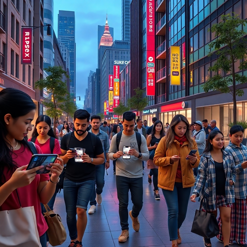 A dynamic urban landscape where people are receiving notifications on their smartphones while walking past geofenced properties. Illustrate diverse individuals engaged with their devices, with pop-up messages showcasing real estate offers. The image should depict an engaging, modern environment.