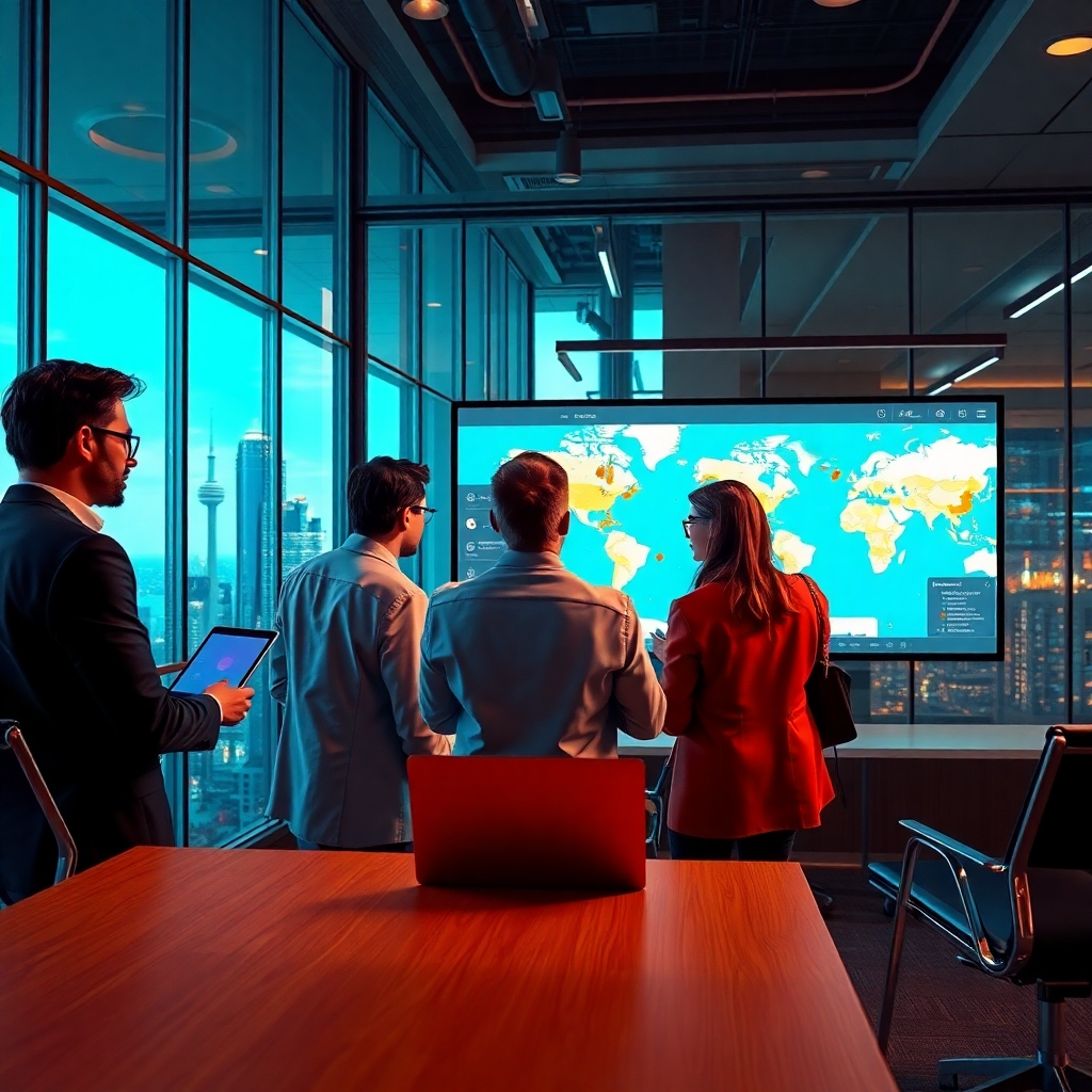 A dynamic visual showcasing a business team analyzing geo-targeted advertising on futuristic digital screens. The scene features bright, engaging colors, with soft diffused lighting illuminating the professionals discussing strategies. The background depicts a modern office environment with glass walls and cityscape views, emphasizing connectivity to the local market. A large map with marked locations is visible on a screen. Textures include sleek metallic surfaces and wooden accents. The composition captures a wide-angle perspective, engaging viewers in a vibrant and strategic atmosphere. Style reminiscent of high-tech marketing visuals. Create in 8K resolution with ultra-detailed elements, focusing on realism and professional vibes.