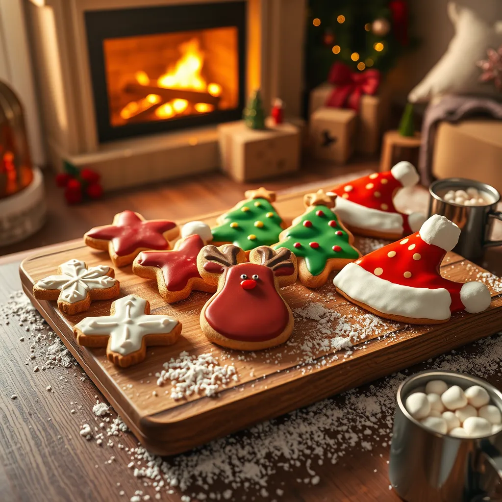 A festive holiday scene depicting a variety of cookies themed for Christmas. The cookies are shaped as snowflakes, reindeer, Christmas trees, and Santa hats, each decorated with vibrant, colorful icing. They are arranged on a wooden cutting board sprinkled with flour and glittering sugar, which catches the warm, golden light from a nearby fireplace. The overall atmosphere exudes warmth and festivity, with a color palette dominated by reds, greens, golds, and whites. The camera angle is slightly angled from above, focusing on the middle of the board but allowing parts of the cozy living room to be in the background. The textures of the cookies, the wood grain, and the scattering of flour and sugar are captured in ultra-high detail. Propping elements include small holiday decorations like holly, ornaments, and a steaming cup of hot chocolate with marshmallows. The image is rendered in a hyperrealistic style, with 8K resolution for exceptional detail.