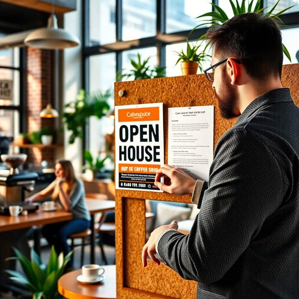 A focused shot of a professional marketer strategically placing an open house flyer on a corkboard in a trendy urban coffee shop. The scene captures vibrant coffee shop ambiance, with patrons enjoying their drinks in soft diffused lighting. The flyer stands out with bold graphics and a compelling headline. Natural light pours in through large windows, casting gentle shadows that add depth to the scene. The background includes lively coffee shop elements like barista equipment, wooden furniture, and decorative plants, creating a cultural atmosphere. The mood is creative and energetic, with a color palette of warm browns and lively greens, emphasizing the hustle and bustle. The image should be in 8K resolution, ultra-detailed, showcasing the dynamic and engaging environment.