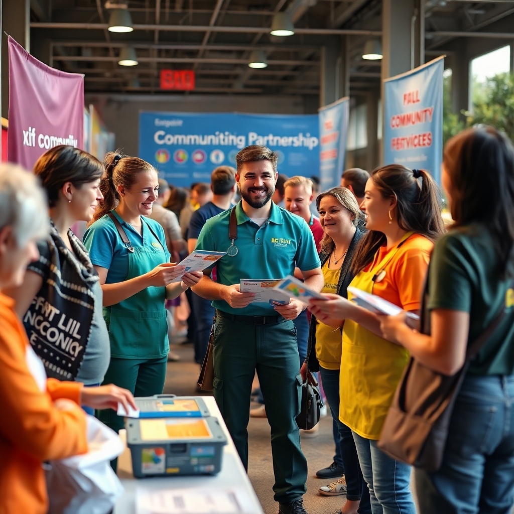 A friendly cleaning service team engaged in a community event, interacting with local residents, handing out flyers, and showcasing their services. The atmosphere is warm and inviting, with smiles, clean surroundings, and banners promoting community partnership.
