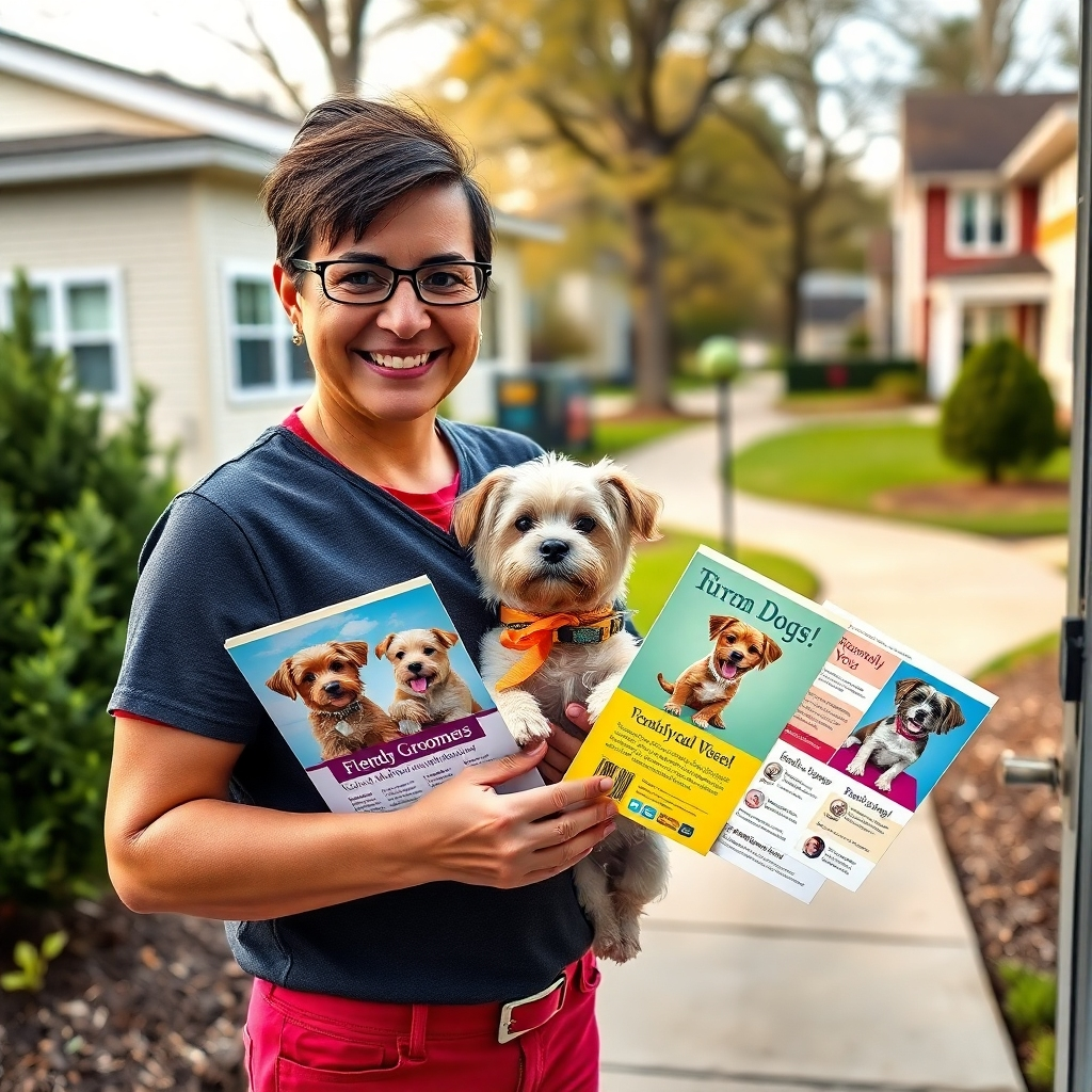 A friendly dog groomer delivering colorful flyers door-to-door in a suburban neighborhood, with houses and yards visible. The scene shows the groomer smiling and holding a stack of visually appealing flyers featuring cute dogs and attractive grooming services, emphasizing a personal touch.