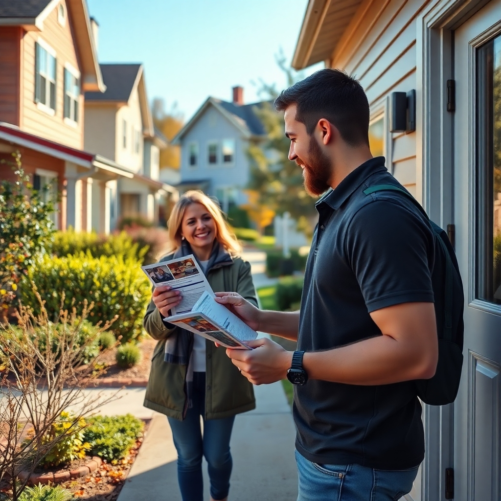 A friendly marketing team member distributing flyers door-to-door in a residential neighborhood. The scene captures various homes, with an emphasis on the marketing materials in hand, and curious local residents receiving the flyers.
