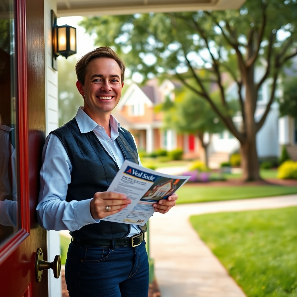 A friendly real estate agent standing at a door, smiling and holding a pamphlet, with beautiful residential homes in the background. The scene should evoke a welcoming neighborhood atmosphere, with trees and well-maintained yards, depicting an engaging interaction in progress.
