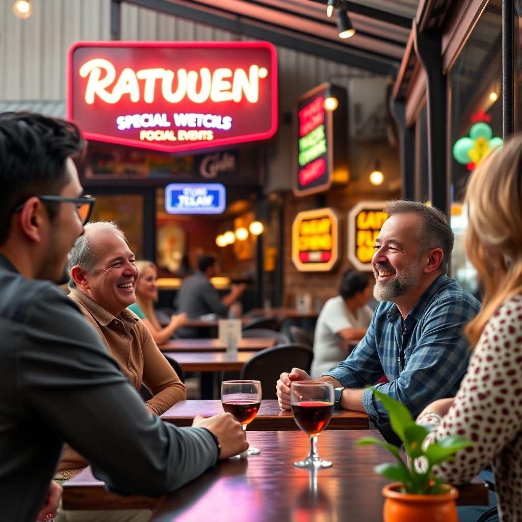 A friendly restaurant owner engaging with local customers at an outdoor dining area. The scene captures smiles, laughter, and a welcoming atmosphere, with colorful signage promoting the restaurant's special events in the background.