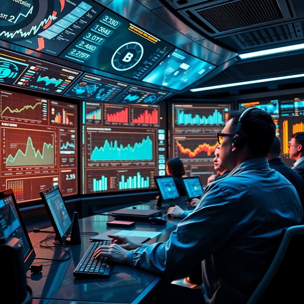 A futuristic control room with analysts interpreting data visualizations. Include graphs and charts projected on screens, a diverse team collaborating on strategy, and AI algorithms actively processing large datasets to showcase informed decision-making.