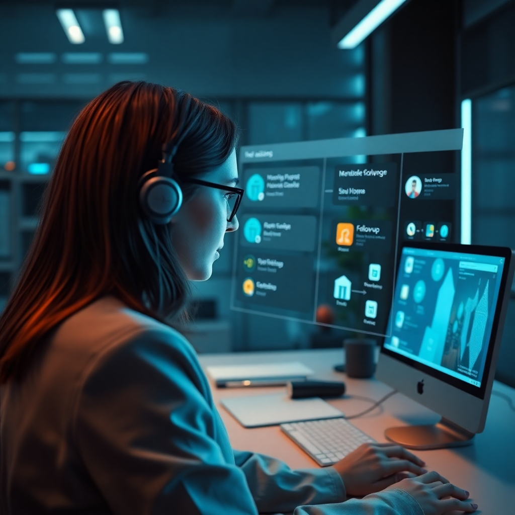 A futuristic office environment where an AI virtual assistant is managing a calendar, scheduling follow-ups, and sending emails. The screen displays notifications for timely interactions with icons representing homes and clients.