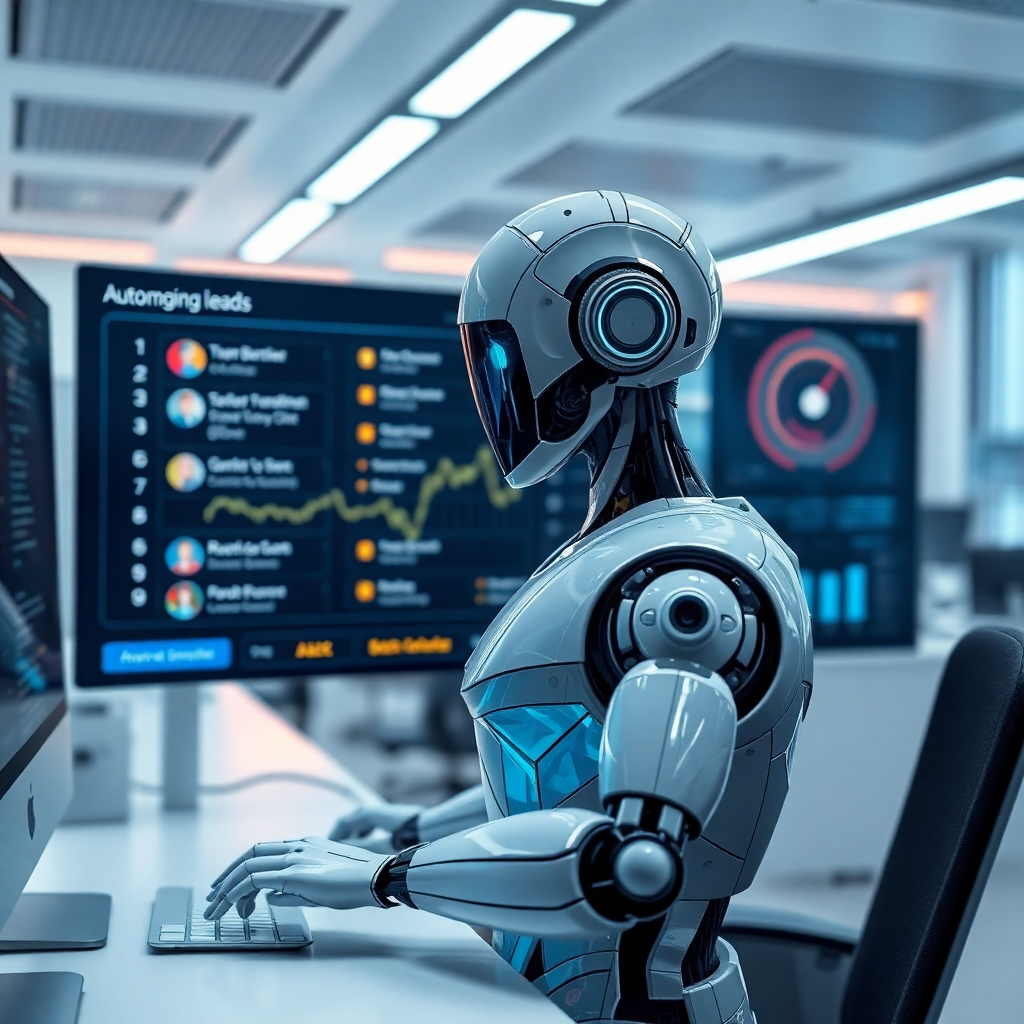 A futuristic office scene with an advanced digital dashboard displaying incoming leads and automated responses. Include imagery of a robot interacting with clients via chat, emphasizing efficiency and modernity.