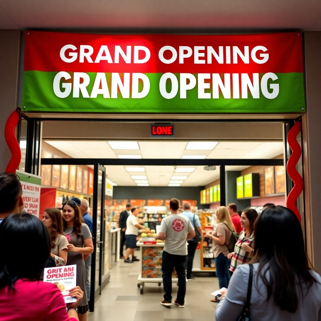 An artistic representation of a grand opening event, showcasing excited customers entering a new business, with flyers prominently displayed. The interior is bustling with activity, featuring vibrant colors, friendly staff, and an engaging atmosphere that reflects the brand's identity.