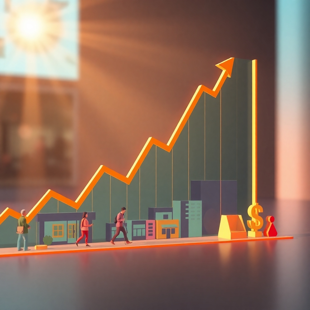 A graph showing a rising trend line, symbolizing ROI. Include visual elements like dollar signs and geometric shapes representing financial growth, alongside images of local businesses thriving. Use a bright color palette to evoke optimism and financial success.