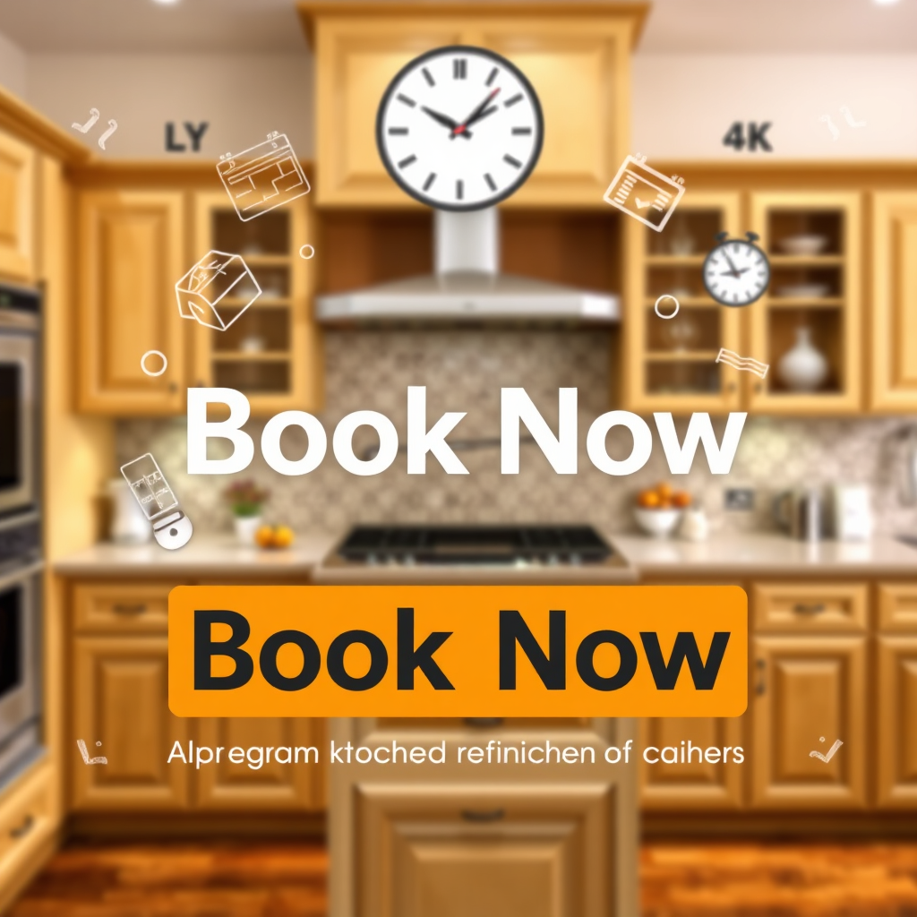 A graphic showcasing 'Book Now' in an engaging font with kitchen elements surrounding the text. The background features blurred images of beautifully refinished cabinets, creating an energetic vibe, urging quick action. The use of bright, inviting colors makes it pop, and elements like clocks or calendars highlight urgency. The overall composition should convey excitement and motivation for viewers to act swiftly. The image should be distinct and vibrant, targeting high quality, around 4K resolution.