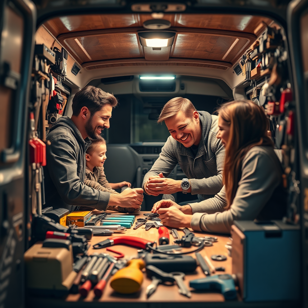 A heartwarming image of a family working together inside their mobile locksmith van, surrounded by various tools and lock types. The scene is illuminated by soft ambient lighting, creating a cozy atmosphere. The family members are smiling and engaging with each other, promoting the theme of trust and support. The color palette is warm and inviting, with shades of wood and vibrant tool colors. The final image should emphasize their working dynamics and commitment to community service.
