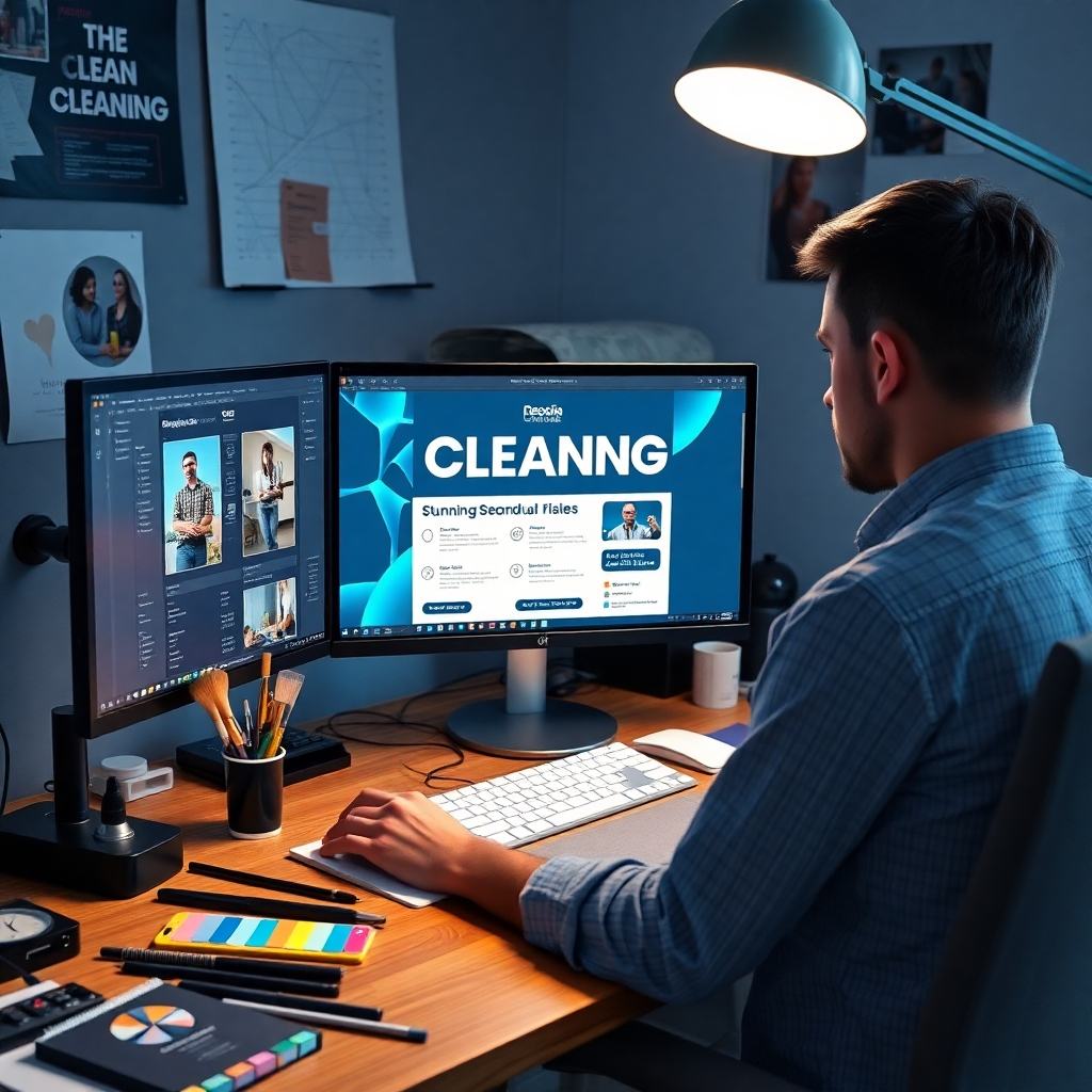 A high-quality image of a graphic designer working on a computer, with software open displaying a stunning cleaning service flyer. Surrounding the designer are tools, color swatches, and design elements that emphasize the creativity and professionalism of the marketing campaign.