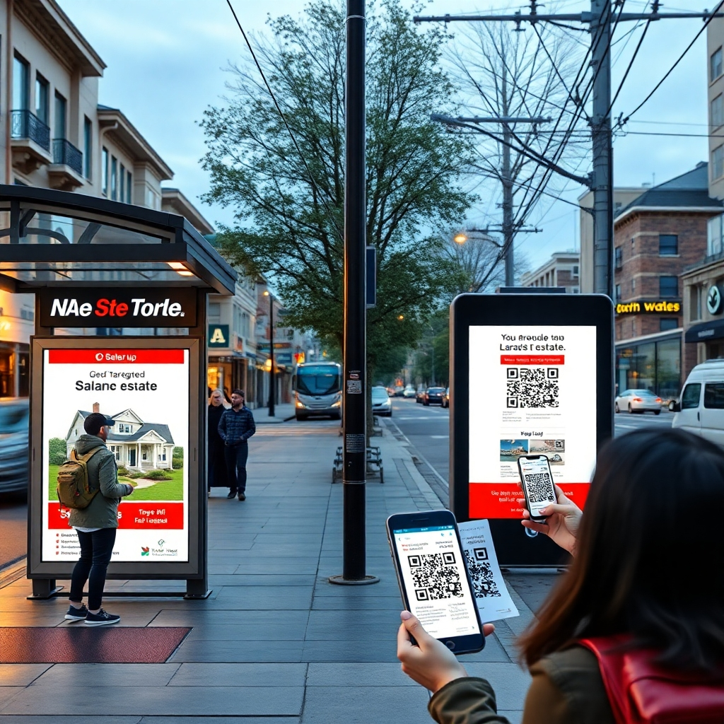 A high-quality image showcasing a vibrant neighborhood scene with geotargeted digital ads displayed on local bus stops and mobile devices. Include real estate signs in the foreground and engaging people interacting with QR codes on flyers, symbolizing the fusion of traditional and digital marketing.