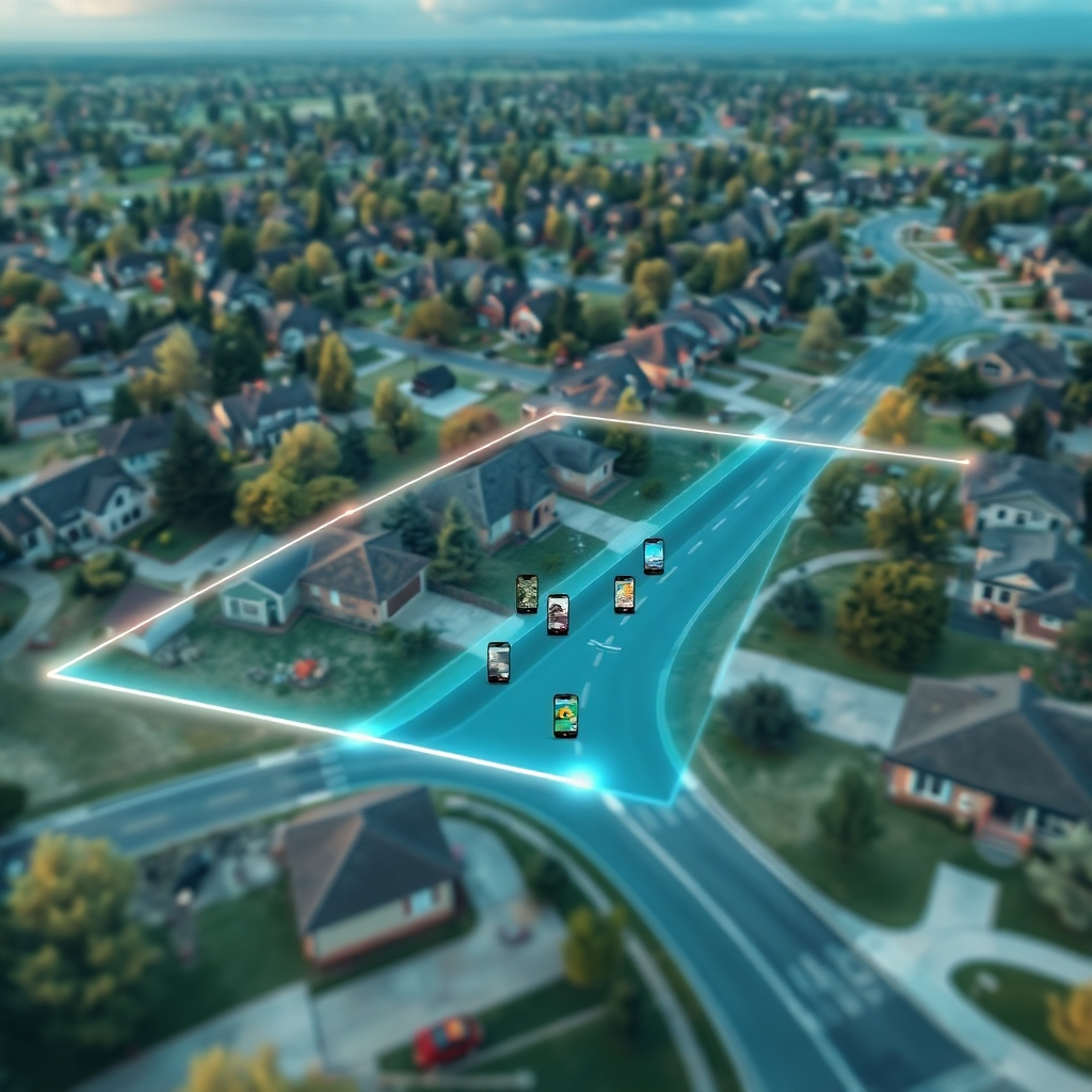 A high-quality, photorealistic image depicting a digital map with a highlighted geofence area surrounding a suburban neighborhood, showcasing tiny smartphone icons within the fence representing potential leads, with digital ad overlays on homes.