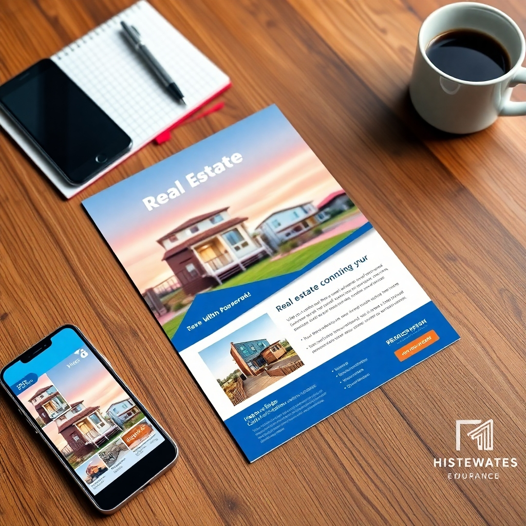 A high-quality, photorealistic image of a beautifully designed real estate marketing flyer laid out on a wooden table, surrounded by a smartphone, a notepad, and a coffee cup, showcasing vibrant colors and attractive property imagery.