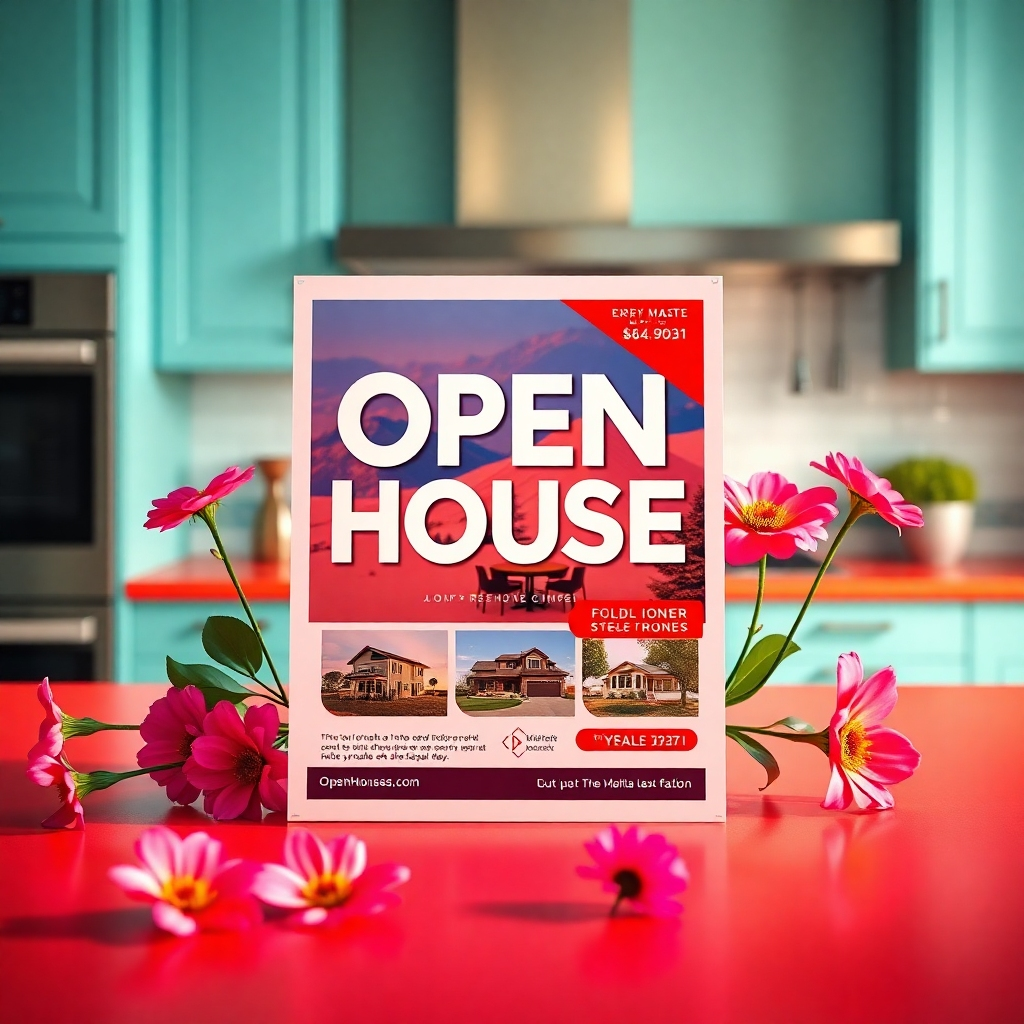 A high-quality photorealistic image of an open house flyer displayed prominently on a vibrant kitchen countertop. The flyer has a modern design featuring bright colors, professional fonts, and appealing images of the property, surrounded by fresh flowers and a smooth surface.