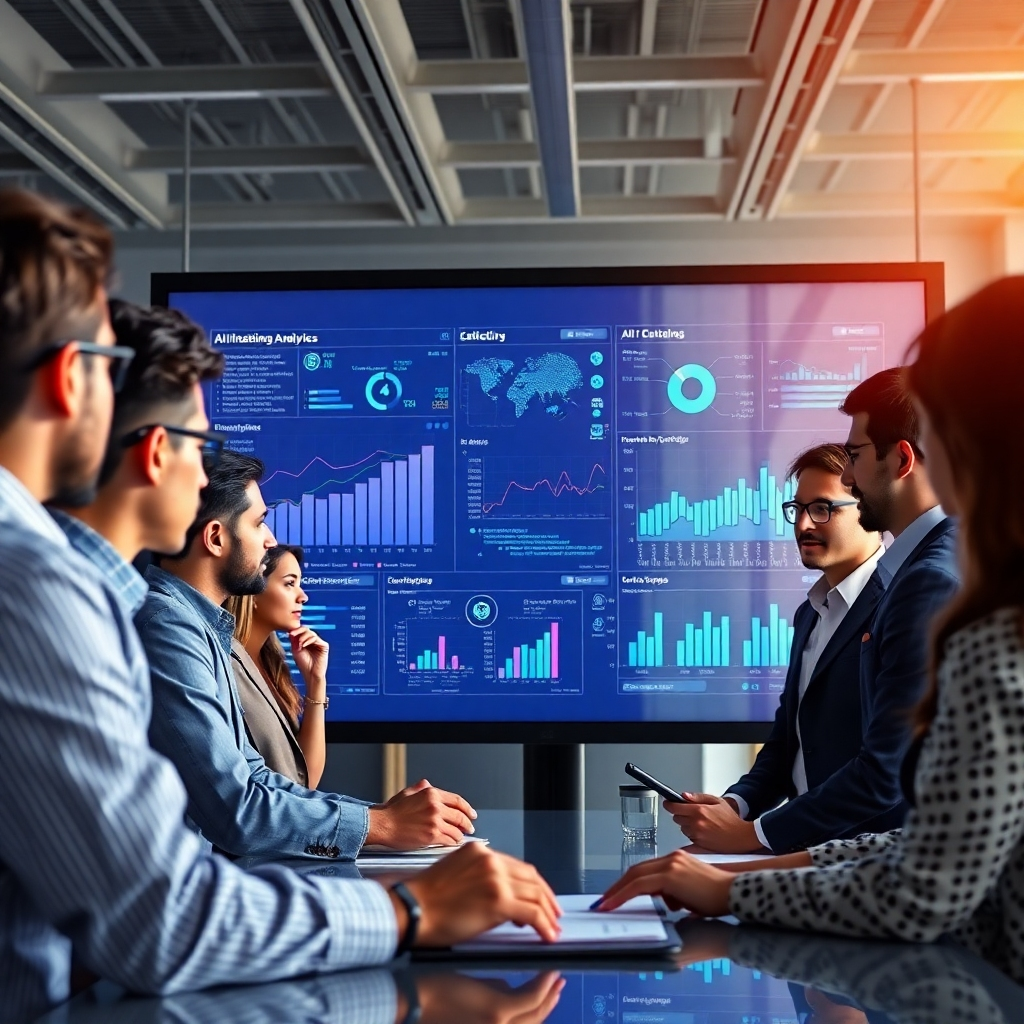 A high-quality photorealistic image of a modern office with diverse professionals gathered around a large screen displaying complex data analytics and AI algorithms. The setting should convey a sense of collaboration and innovation, highlighting digital interfaces and charts.