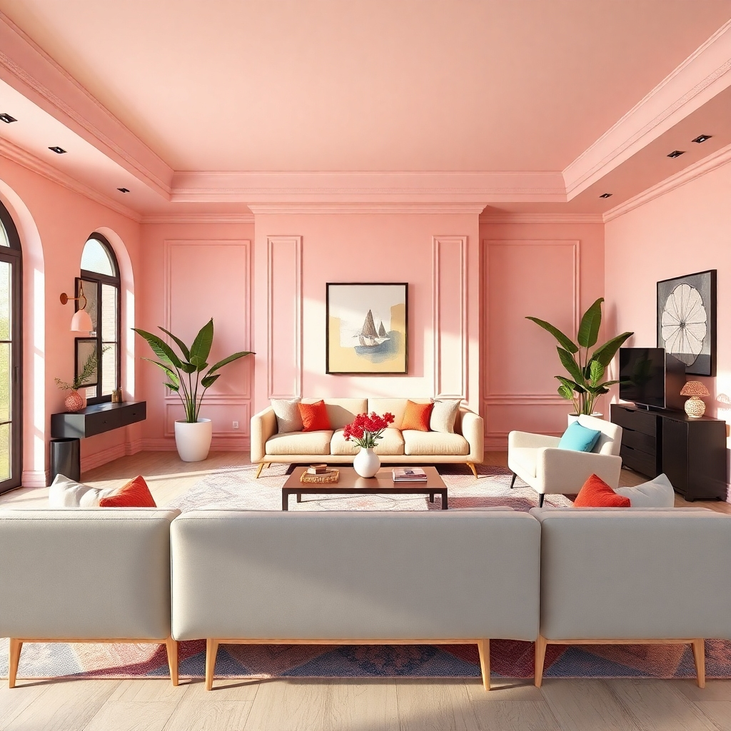 A high-quality, photorealistic image of a beautifully designed room with a harmonious color palette. The walls should feature soft pastel shades, complemented by bold accent furniture and decor, arranged aesthetically to convey warmth and inviting ambiance.