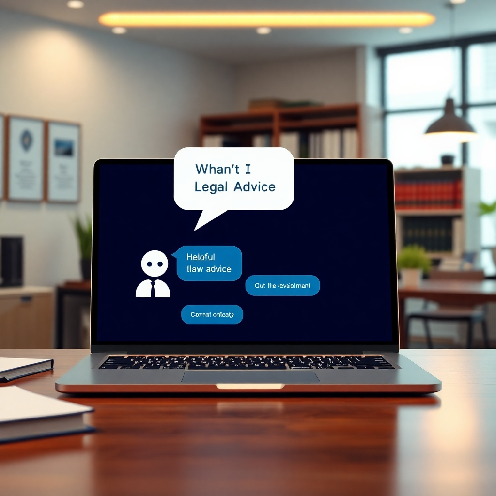 A high-resolution image of a modern laptop displaying a friendly chatbot interface with a speech bubble showing helpful legal advice. The background should feature a soothing office environment with law books and a welcoming atmosphere.