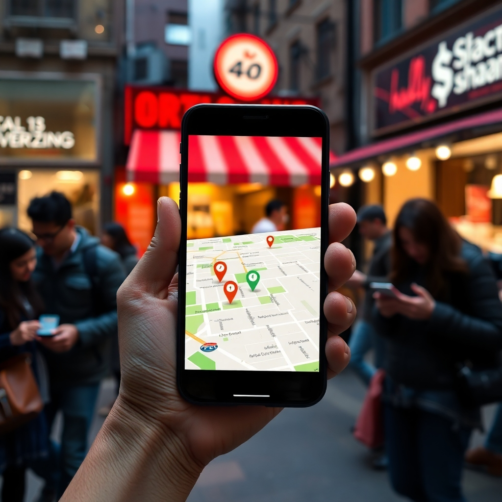 A high-resolution image showcasing a smartphone displaying a geofencing map with pins marking targeted locations. In the background, a local business is visible, with people engaging with their mobile devices. The atmosphere should be vibrant and urban, illustrating the concept of targeted advertising.