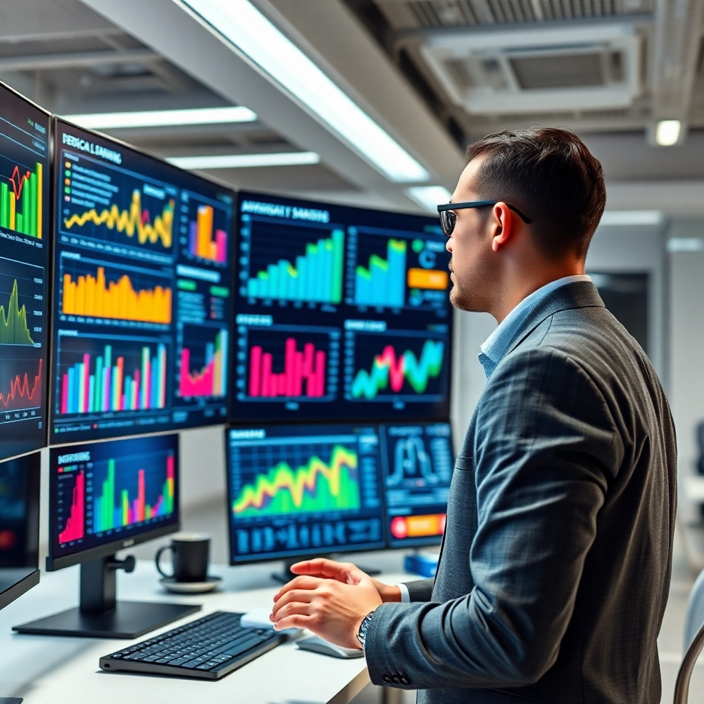 A high-tech analytics dashboard displaying colorful graphs and charts. In the foreground, a business professional analyzes demographic data, surrounded by digital screens showcasing targeted marketing strategies, in a modern office setting with bright, clean design.