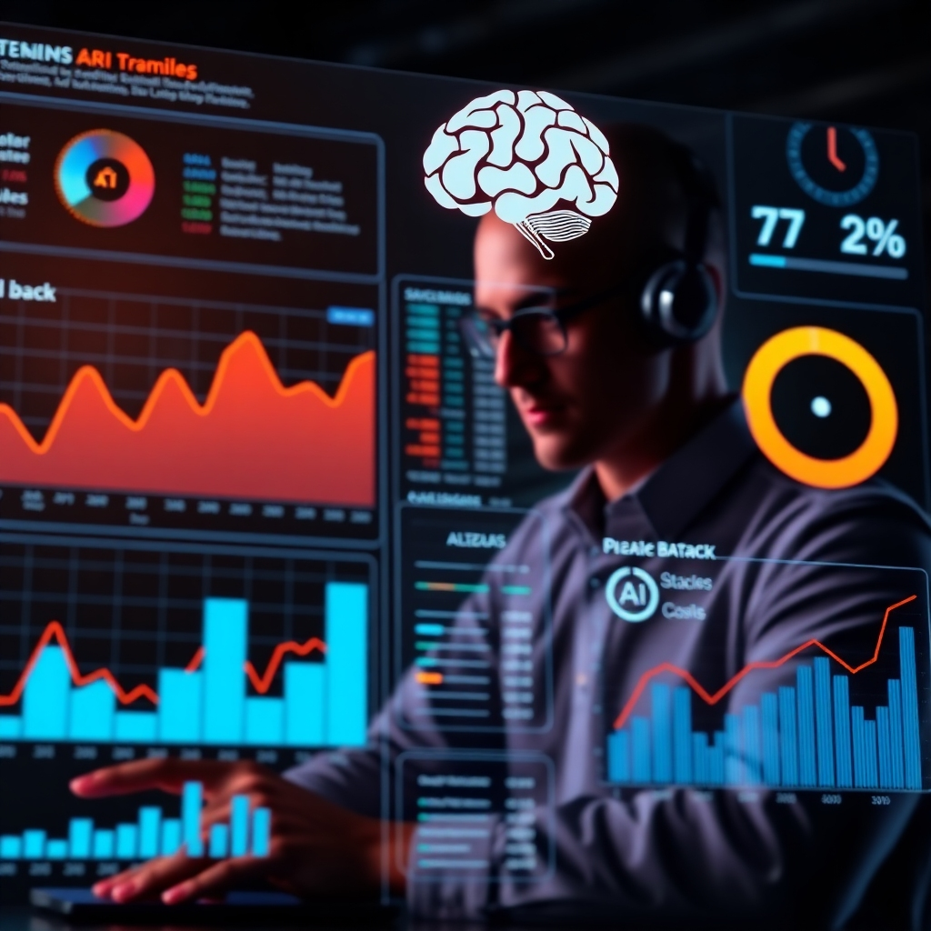 A high-tech dashboard displaying analytics and statistics related to call-backs. Include graphs, charts, and an AI brain icon, with an agent analyzing data in the background, representing a data-driven approach.
