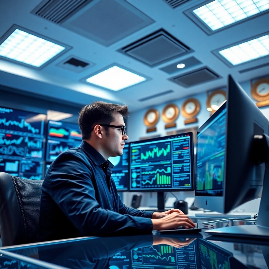 A high-tech digital marketing office environment displaying a professional analyzing performance data on multiple screens. Bright overhead lighting creates an energetic atmosphere, while cool blues and greens dominate the color scheme to evoke a sense of professionalism. The camera angle is slightly low, emphasizing the multiple monitors filled with rich graphics and analytics. Textures include glass surfaces and sleek metal furniture, enhancing the modern feel. The background features awards or certificates showing expertise in marketing analytics. The composition focuses on the professional’s intent gaze on the data, showcasing the importance of performance metrics in shaping successful campaigns. Captured in hyperrealistic detail with 8K resolution, the image conveys a powerful message about data-driven marketing strategies.
