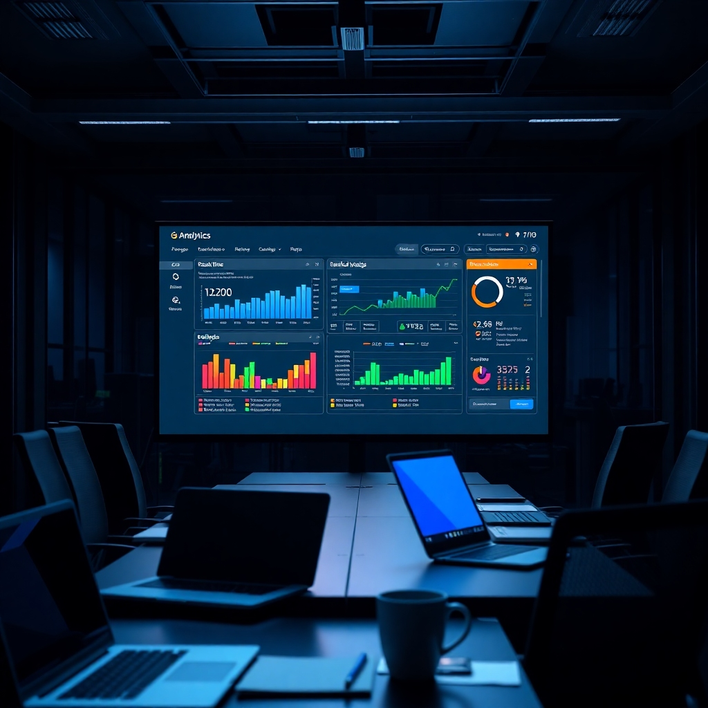 A hyperrealistic image of a sleek, modern analytics dashboard displayed on a large screen in a high-tech office. The dashboard features colorful graphs and analytics showing real-time data related to local advertising campaigns. Soft dramatic side lighting highlights the screen while creating a deep contrast with the dark office environment. The color palette is vibrant with blues, greens, and reds. The perspective should be from a slight angle, giving depth to the office setting filled with digital devices like laptops and tablets. Add elements like coffee cups and notepads for realism. The style is inspired by cutting-edge technology presentations, created in 8K resolution with an emphasis on details.