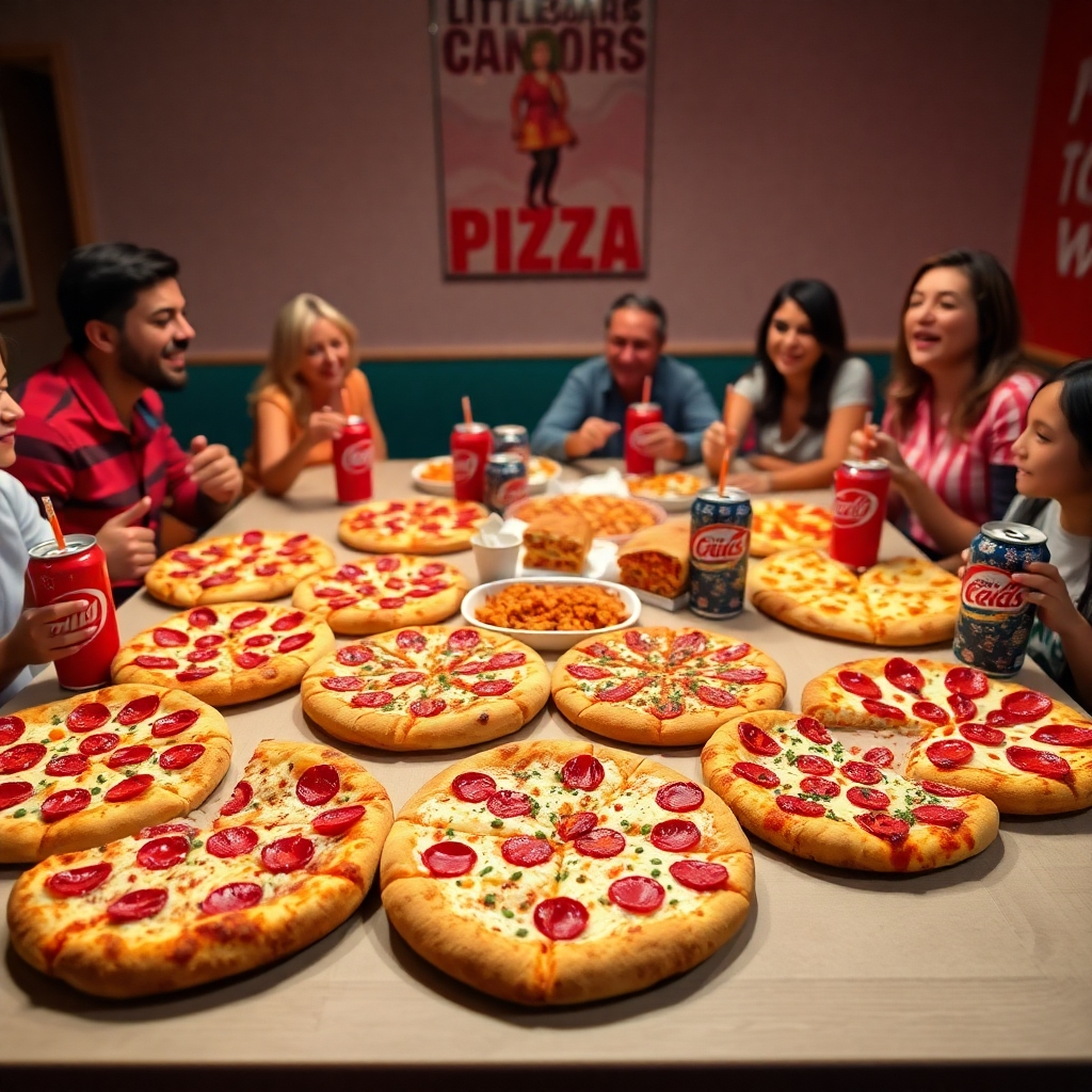 A lively, colorful setup featuring a Family Combo from Little Caesars, placed on a large dining table. The image includes multiple pizzas, Crazy Bread®, and a couple of large sodas, all artfully arranged for a family gathering. The pizzas are varied—some with pepperoni, others vegetarian, showcasing the diversity of the menu. Bright, inviting lighting illuminates the scene, creating a cheerful atmosphere. The color palette consists of fun, vibrant shades that suggest a festive meal. The camera angle is slightly above and angled down, capturing the entire spread in detail, making it feel like a celebration. Texture details showcase the fluffiness of the pizzas and the golden hue of the Crazy Bread®. In the background, family members are joyfully sharing the meal, adding life to the image. Style references include family-centric event photography. Technical specifications: 8K resolution, ultra-detailed, highlighting the joy of sharing meals with Little Caesars’ Family Combos.