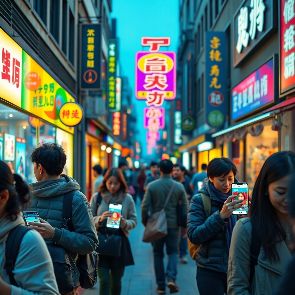 A lively street scene depicting people interacting with their smartphones, receiving personalized advertisements as they walk by local businesses, with colorful digital screens in the background and a warm inviting atmosphere.