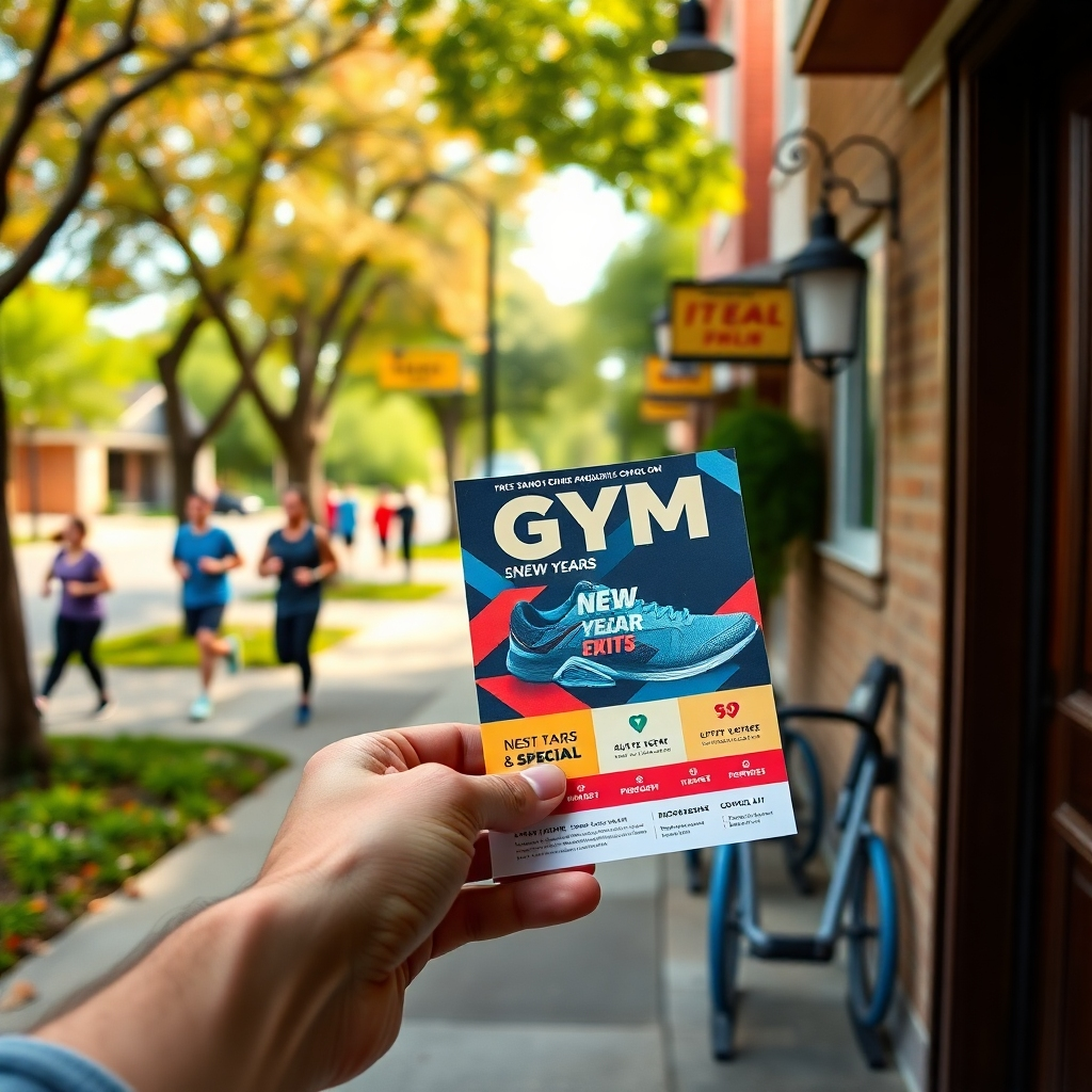 A local neighborhood scene showcasing a gym flyer being handed to a resident at their doorstep. The background features a vibrant street with trees, people jogging, and fitness equipment. The flyer prominently displays a New Year's special offer, with bright colors and engaging graphics.