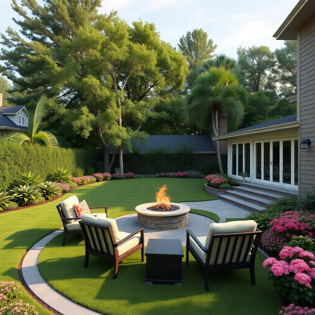 A lush backyard featuring manicured lawns, colorful flower beds, and comfortable outdoor seating. Include a patio with a fire pit, surrounded by trees for privacy, creating an inviting and peaceful outdoor living space.