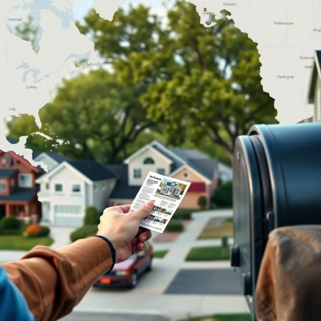 A map with highlighted neighborhoods where flyer distributions are taking place. In the foreground, a delivery person is seen placing a flyer on a mailbox, while an array of homes and local businesses fills the background, showcasing the neighborhood vibe.