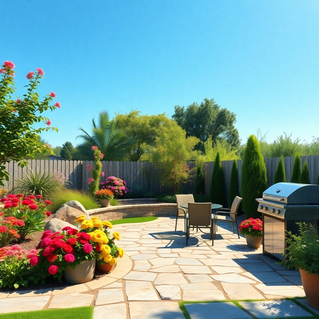 A meticulously landscaped backyard featuring vibrant flowers and greenery, a stone patio with outdoor furniture, and a barbecue grill. Capture a peaceful atmosphere with a clear blue sky and sunlight casting soft shadows on the ground.