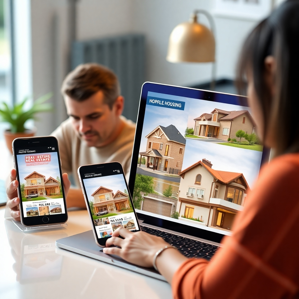 A modern digital marketing scene showing a smartphone, tablet, and laptop with engaging real estate ads displayed. Illustrate homes as background images on each device, and include diverse people looking at the devices, representing the target audience.