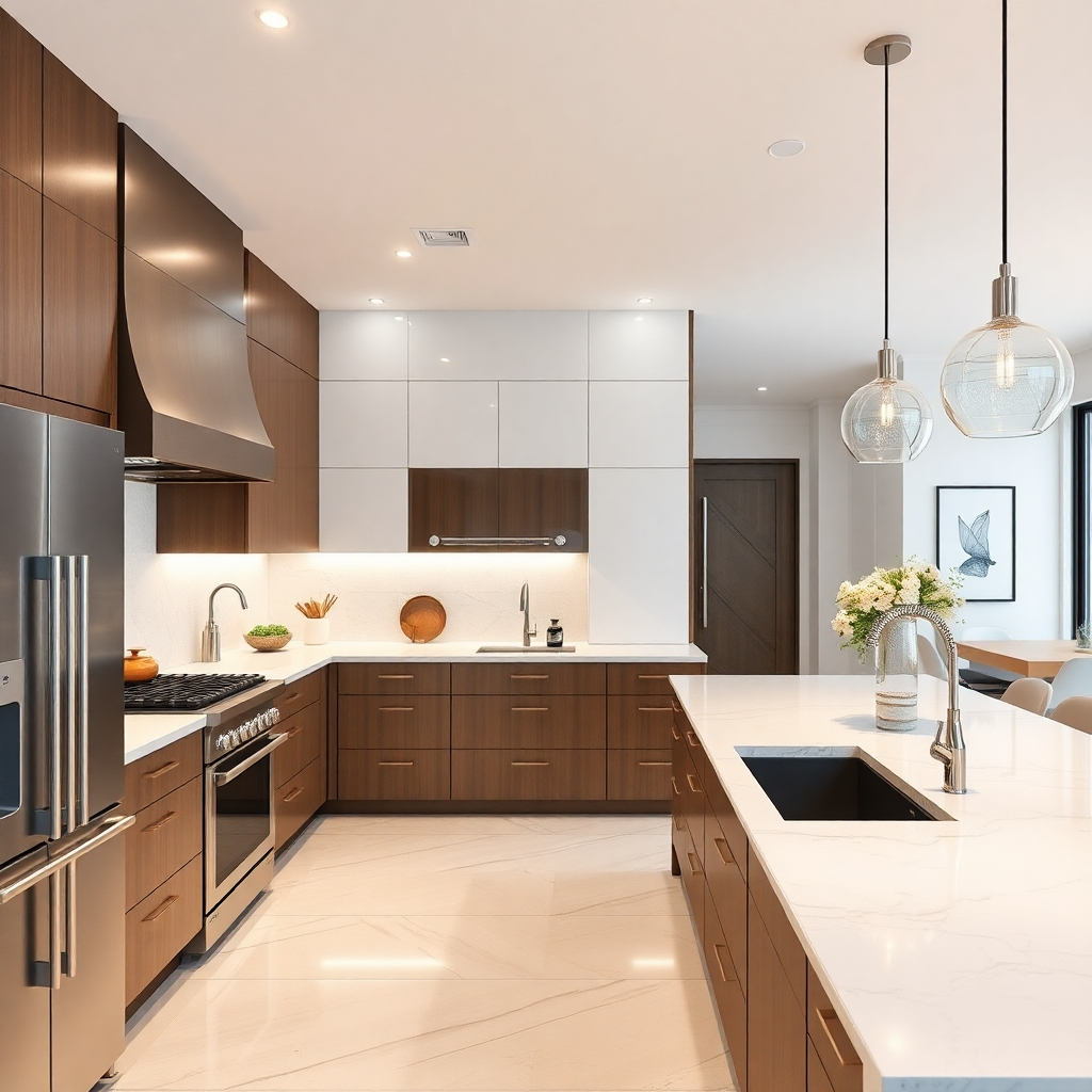 A modern kitchen with stainless steel appliances, quartz countertops, and an open layout. The scene includes a large island, stylish lighting fixtures, and an inviting dining area, showcasing a blend of elegance and functionality.