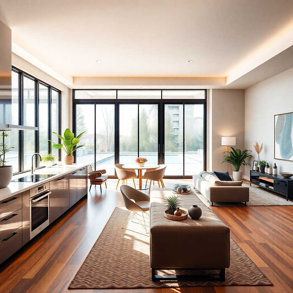 A modern kitchen with stainless steel appliances, open layout connected to a spacious living room featuring stylish furniture, large windows letting in natural light, and a cozy atmosphere. Include decorative plants and contemporary art on the walls.