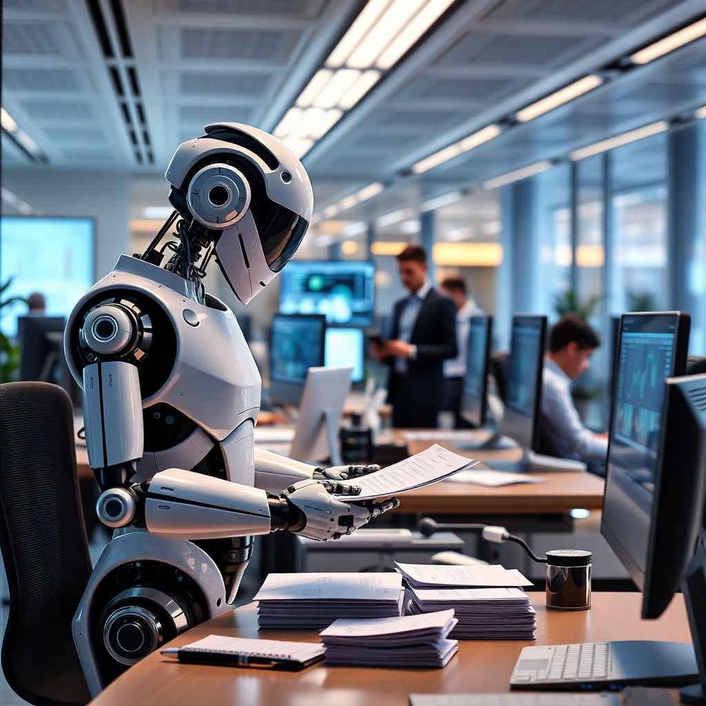 A modern office environment showcasing AI agents in action. Visualize robots and virtual assistants efficiently managing paperwork, interacting with employees, and analyzing data on screens, all while embodying a sense of harmony and advanced technology.