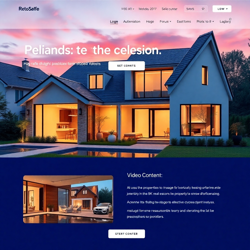 A modern real estate webpage filled with vibrant, high-resolution images of houses and engaging video content, showcasing properties in appealing light. The layout should be sleek and user-friendly, featuring prominent call-to-action buttons.