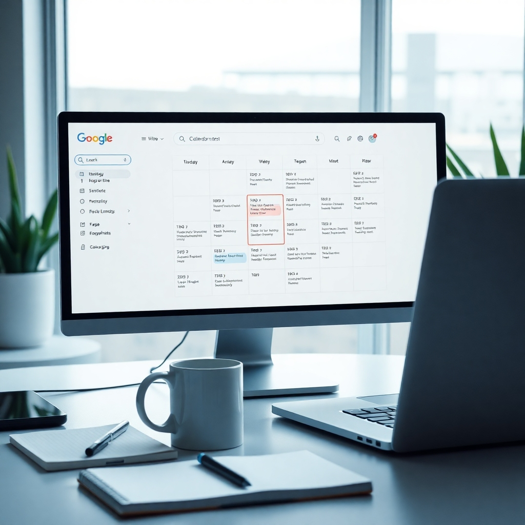 A modern workspace with a computer screen displaying a Google Calendar filled with scheduled appointments. Include a coffee mug, notepad, and a laptop, symbolizing a busy real estate professional efficiently managing their time.