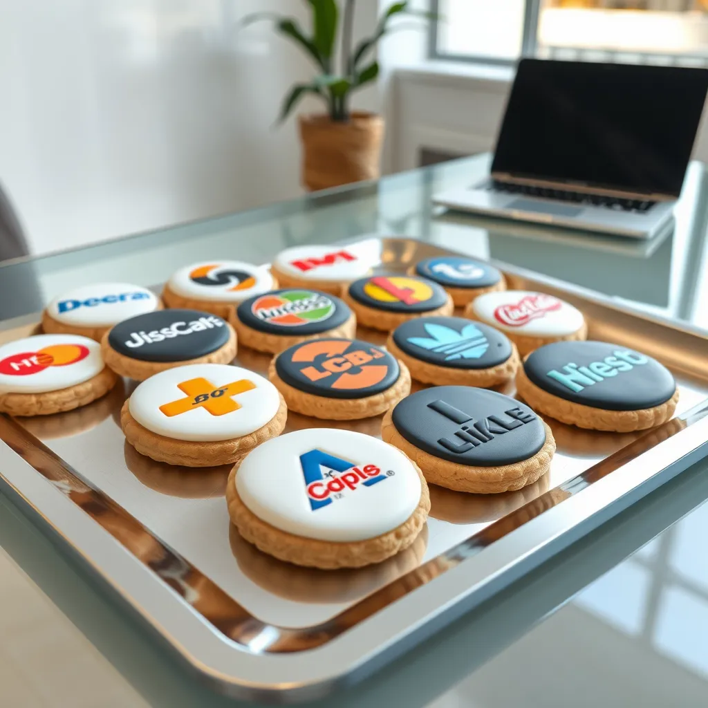 A neatly arranged tray of cookies each featuring different corporate logos in vivid, edible print. The cookies are laid out on a sleek, modern silver tray with polished edges. The logos are crisply printed on the cookies, showcasing vibrant brand colors and precise lines. The lighting is bright and even, emphasizing the clean, corporate aesthetic. The color palette is varied due to the different brand logos, creating a professional yet colorful display. The camera angle is from a 45-degree perspective, ensuring all cookies are visible while adding depth to the arrangement. The textures include the smooth icing and slight, realistic crumbly texture of the cookies themselves. Background elements include a minimalist office setting with a glass table, a potted plant, and a sleek laptop in the periphery. The image is in the style of high-end commercial photography, rendered in 8K resolution, and ensures hyperrealistic and ultra-detailed visualization.