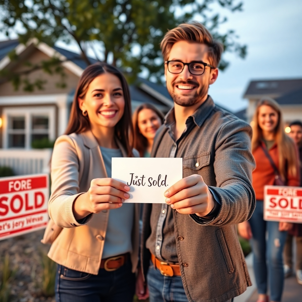 A photorealistic image depicting a cheerful real estate agent handing a 'Just Sold' postcard to a happy homeowner. Include background elements showing sold signs in front of homes in a neighborhood and a smiling group of prospective buyers looking on.