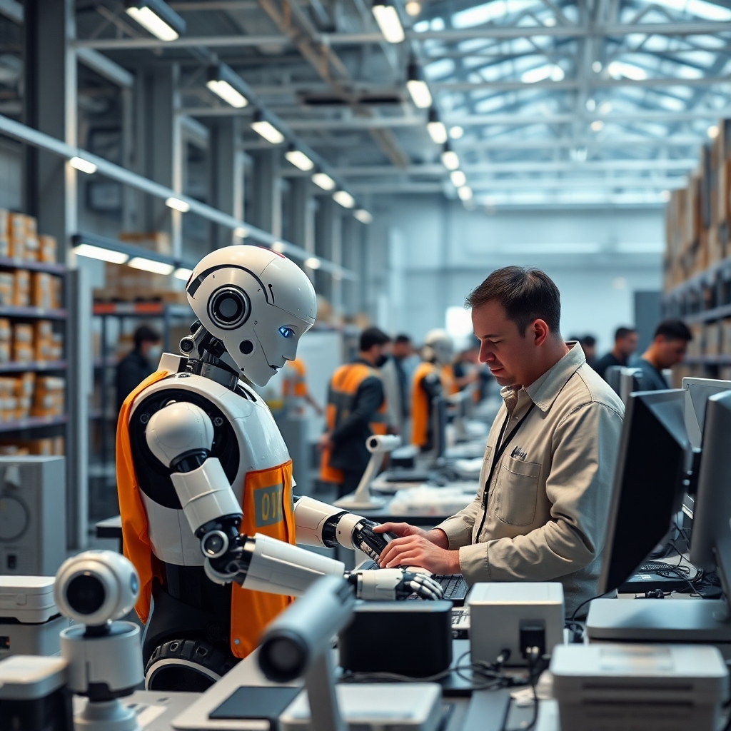A photorealistic image depicting a busy workplace where robots and AI software are handling routine tasks, such as data entry and inventory management. The scene should show employees focusing on strategic tasks in a modern, high-tech environment, emphasizing efficiency and technology integration.