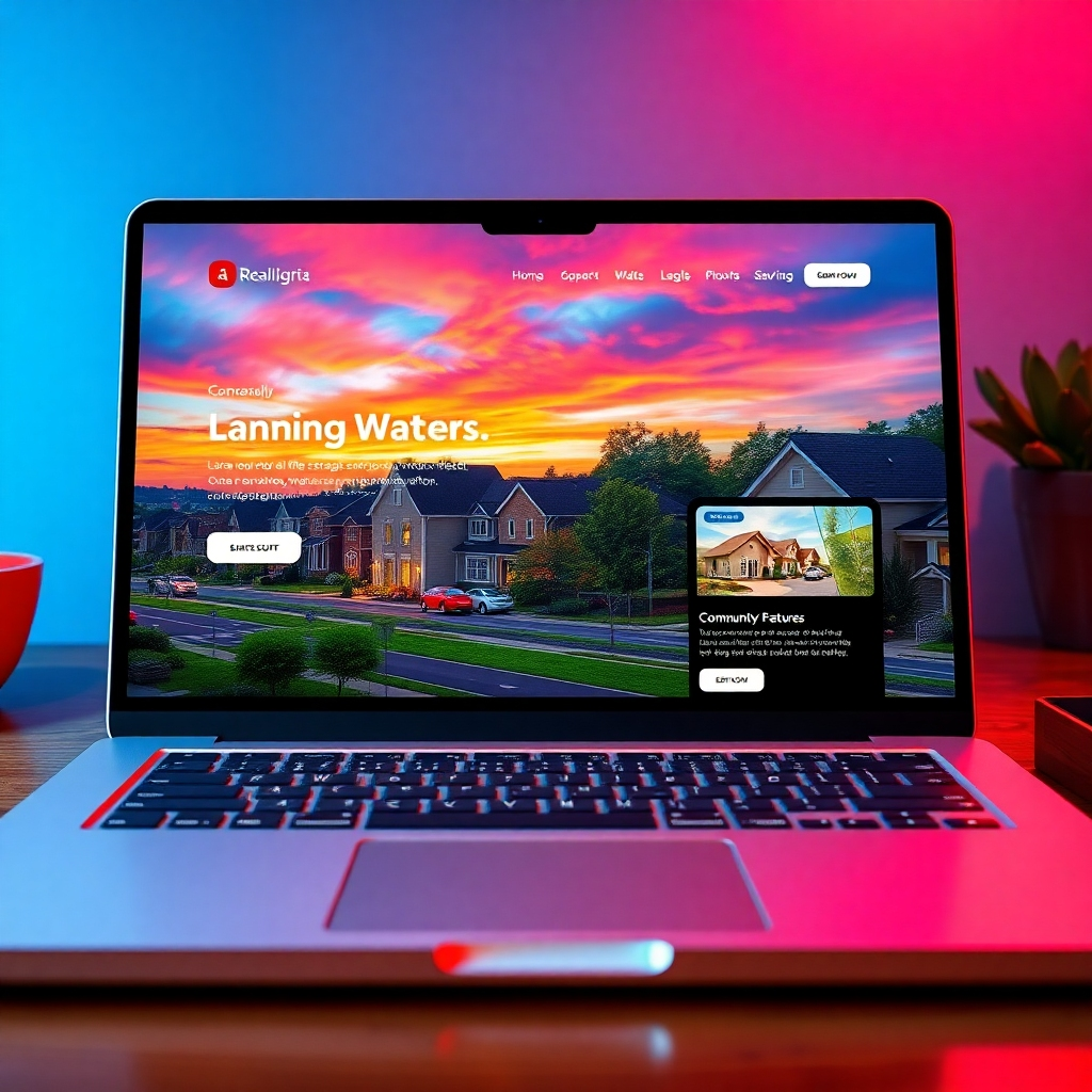 A photorealistic image of a branded landing page on a laptop screen, showcasing vibrant visuals of a suburban neighborhood, with elements like local landmarks, a professional real estate agent's logo, and engaging user interface design that highlights community features.